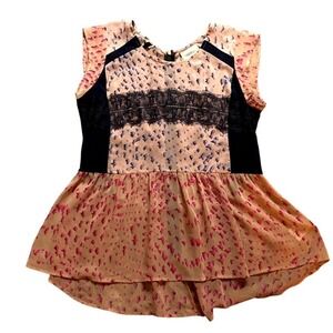 Anthropologie Dainty‎ Sheer Lace Babydoll Coquette Twee Top Silky Ruffle Pink